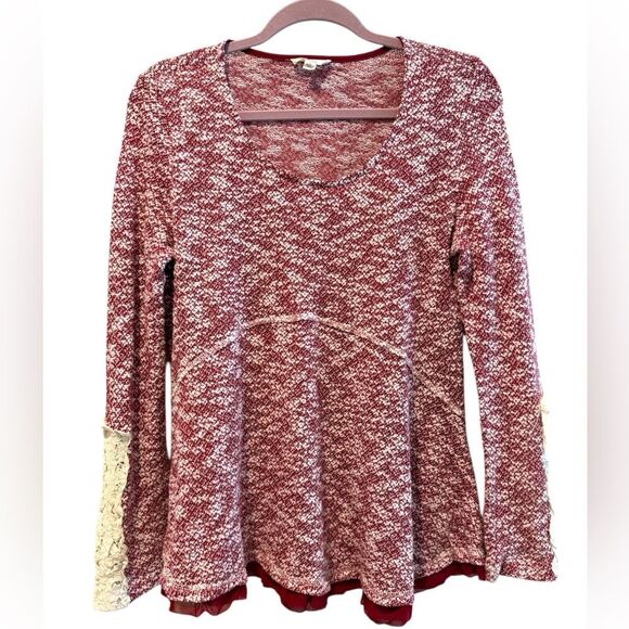 Entro Knit Pullover Blouse Crochet Sleeves‎ Tulle Hem Maroon Heather Red Large - Picture 1 of 7